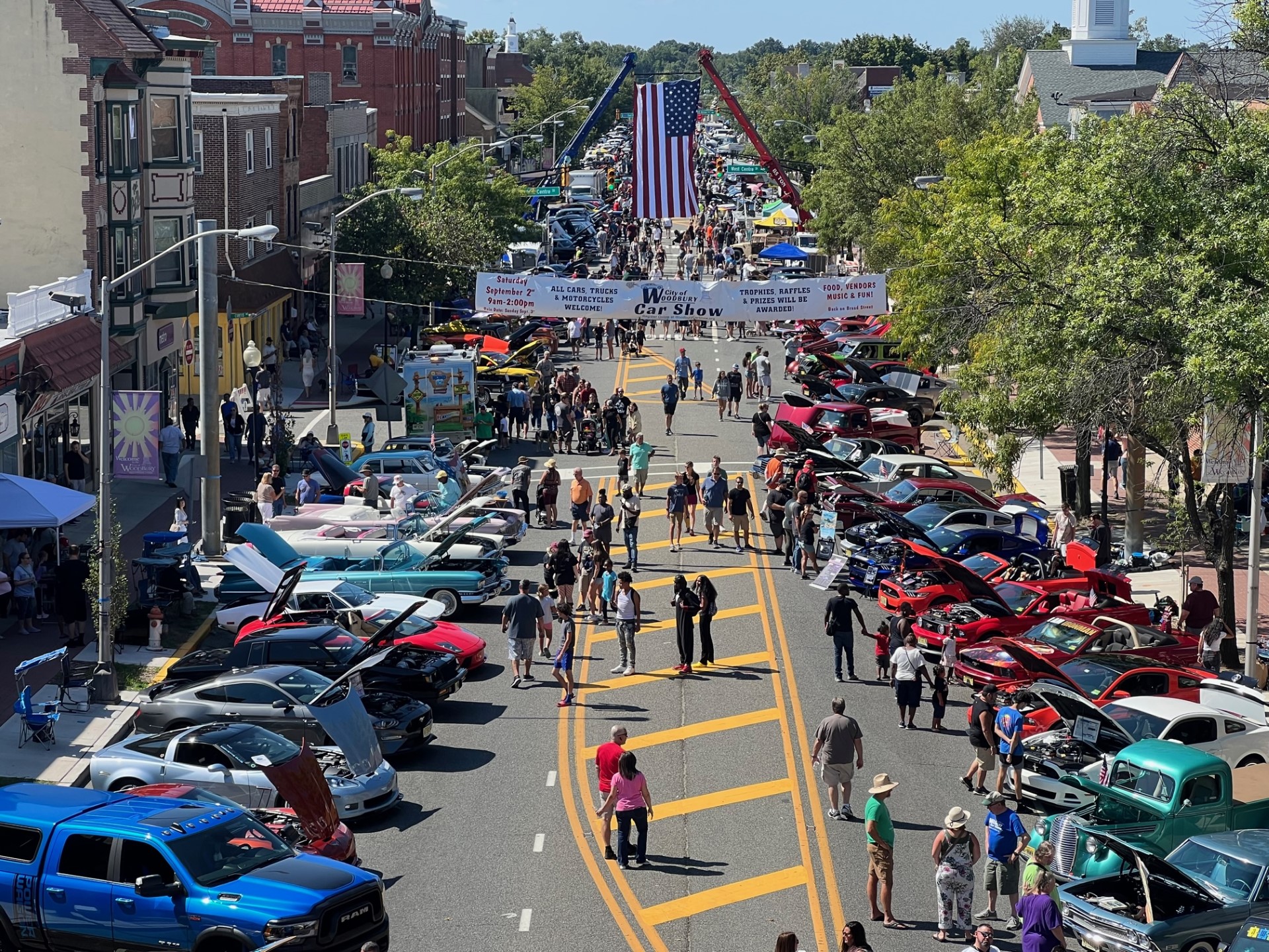 an overhead view of Woodbury, NJ looking down Broad Street, during the Woodbury Car Show